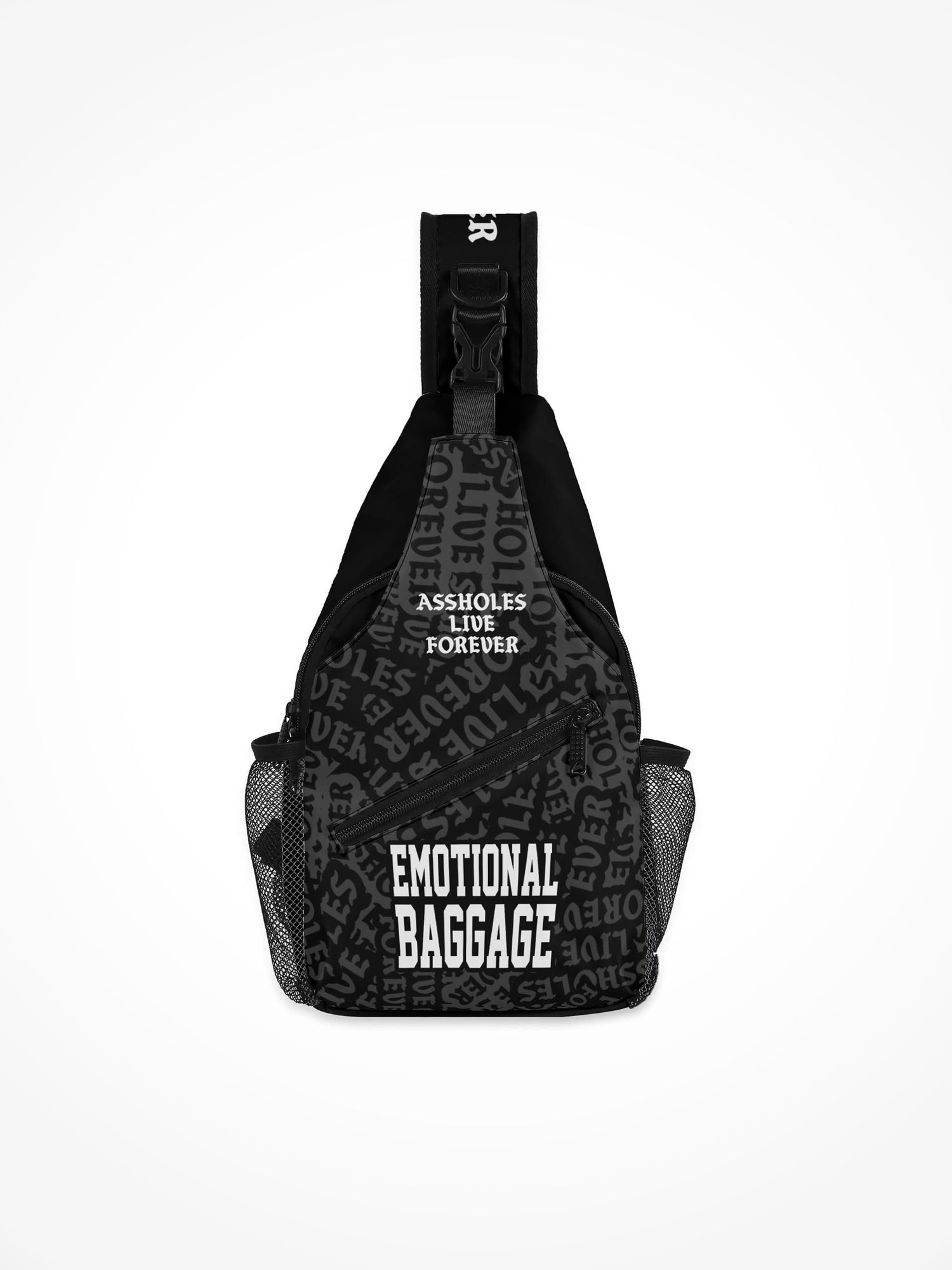 All-Over-Print Chest Crossbody Bag - Emotional Baggage Black Sticker Logo