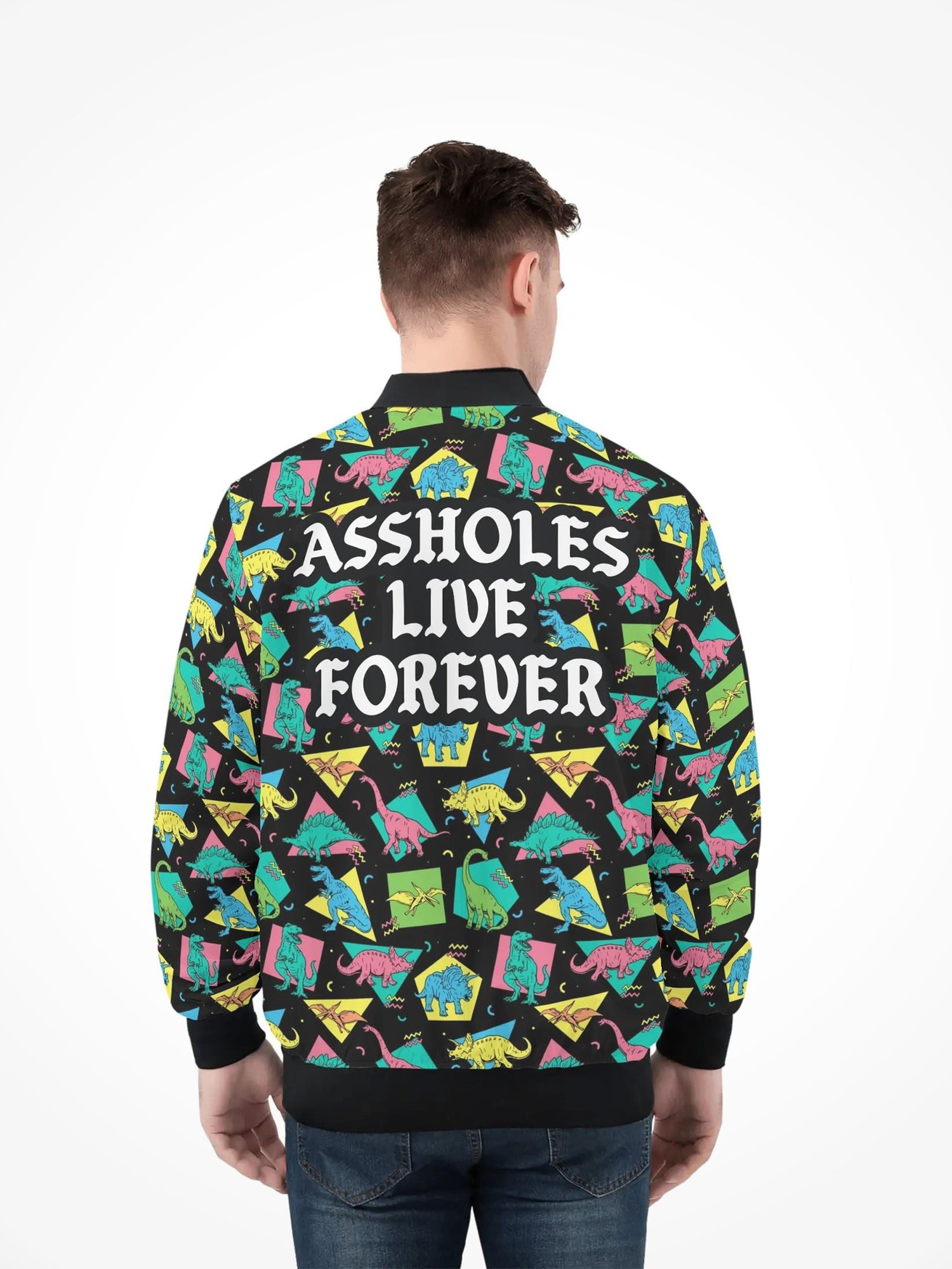 Mens All Over Print Zip Bomber Jacket - ALF Dino
