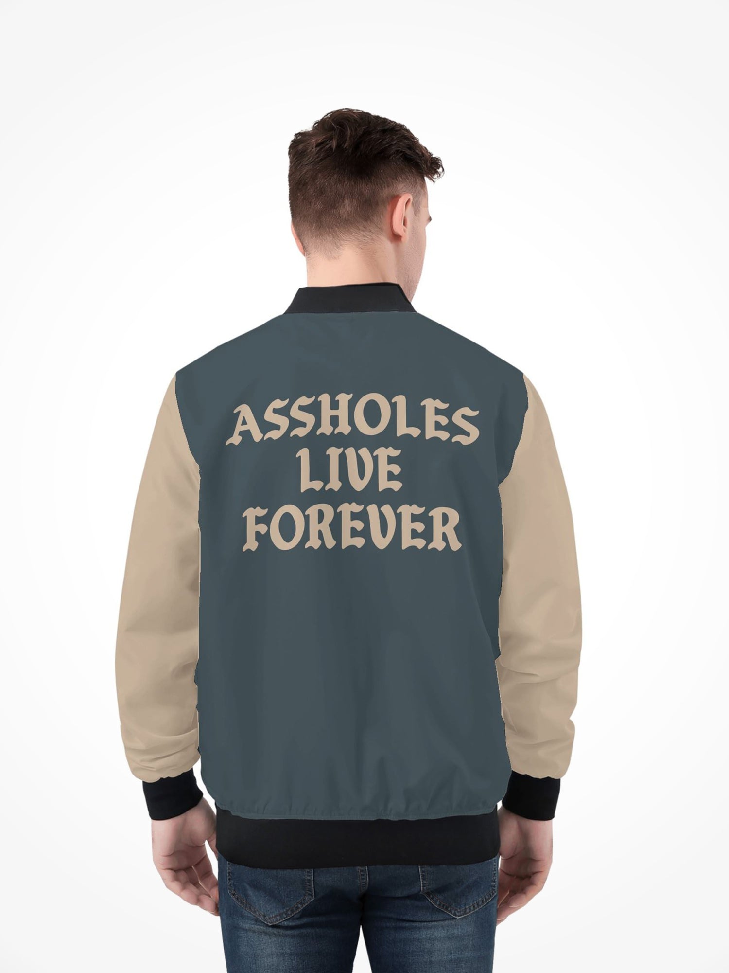 Mens All Over Print Zip Bomber Jacket - ALF Teal Beige