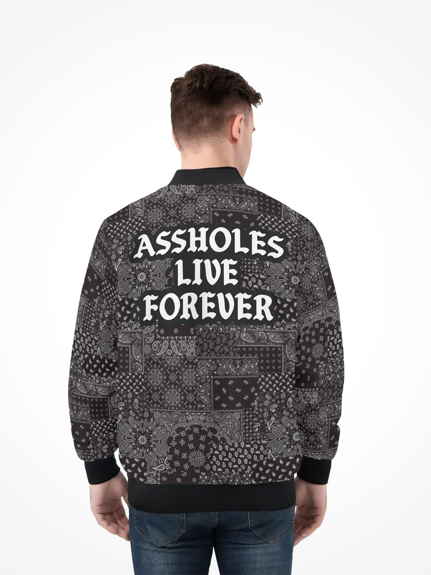 Mens All Over Print Zip Bomber Jacket - Black Bandana