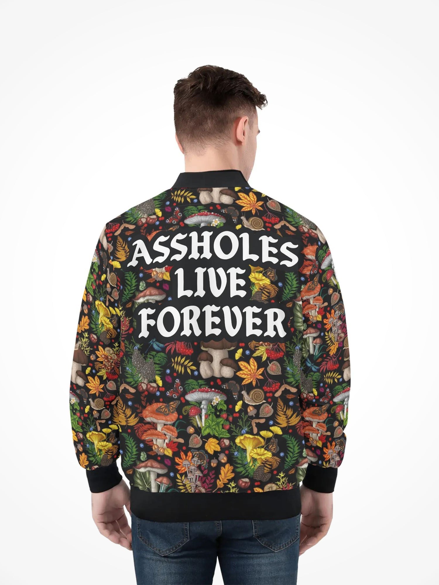Mens All Over Print Zip Bomber Jacket Forest Mushroom