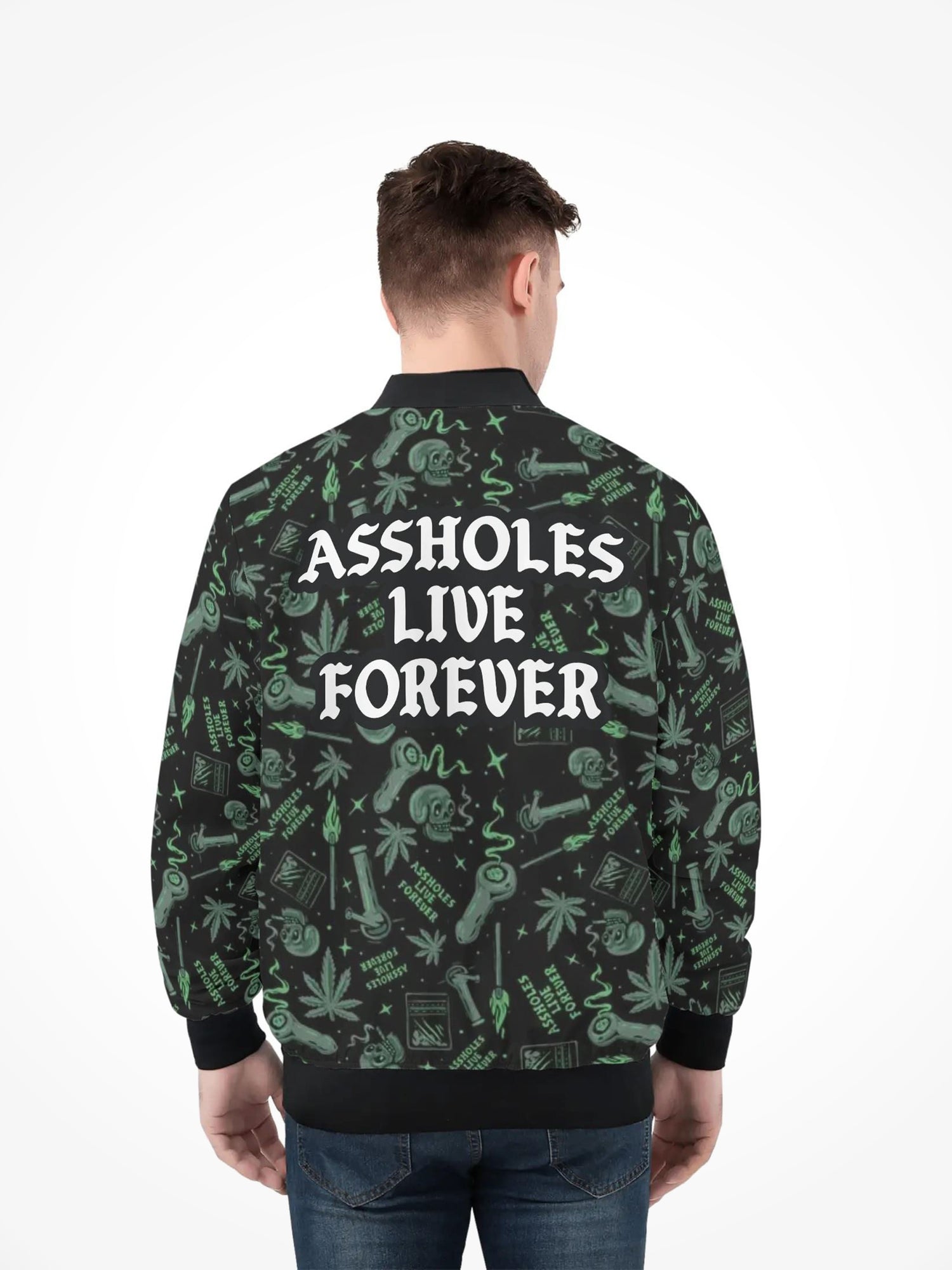 Mens All Over Print Zip Bomber Jacket - Stoner Skull