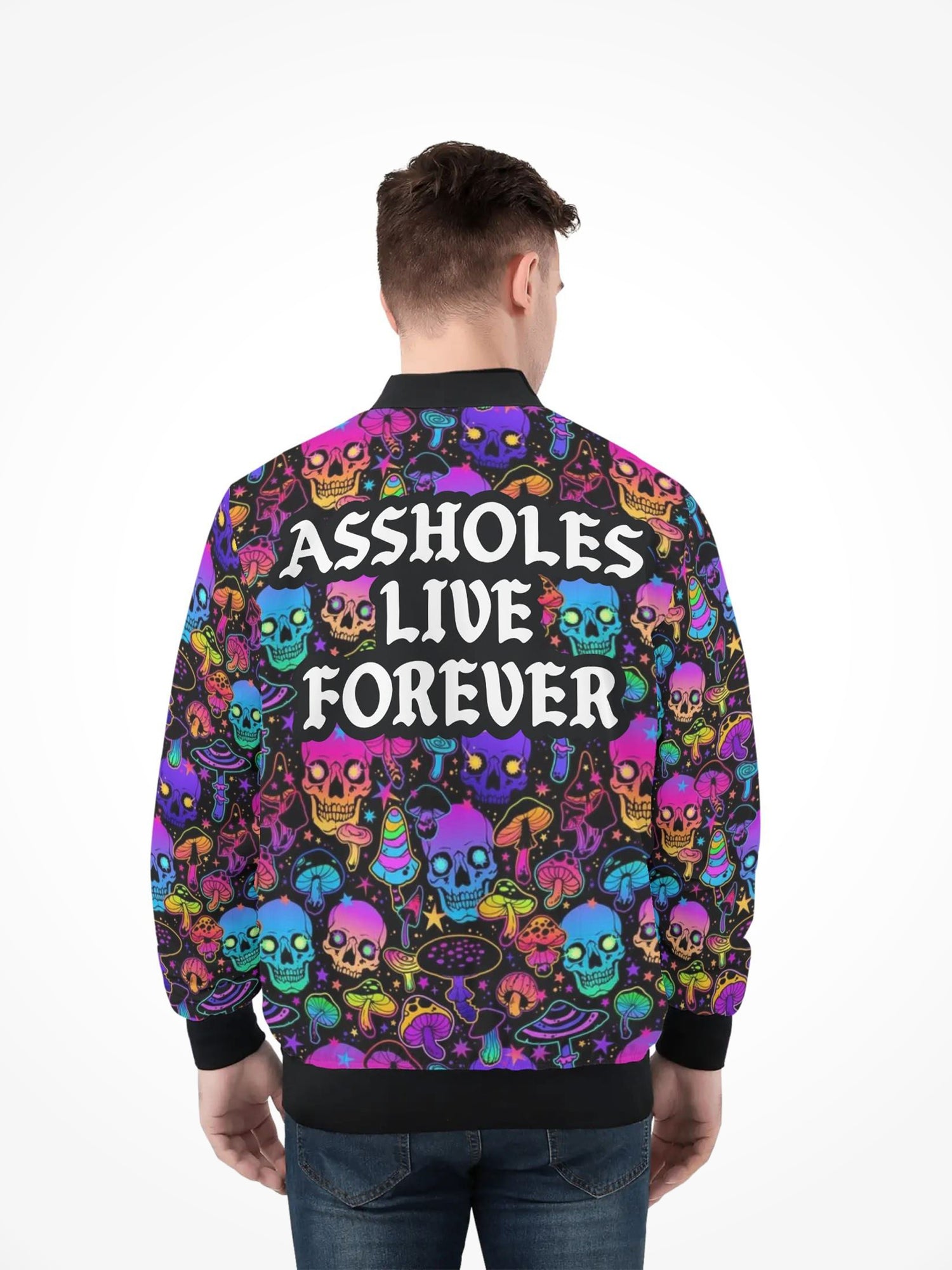 Mens All Over Print Zip Bomber Jacket Trippy Skull