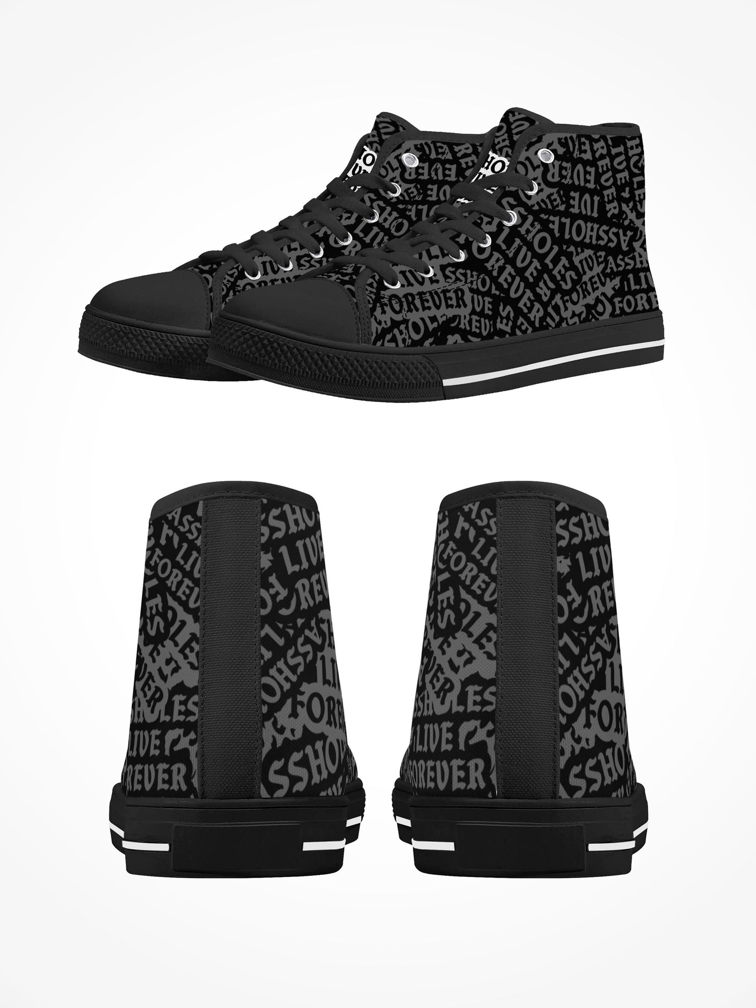 Mens High Top Canvas Shoes - Black On Black Assholes Sticker Logos