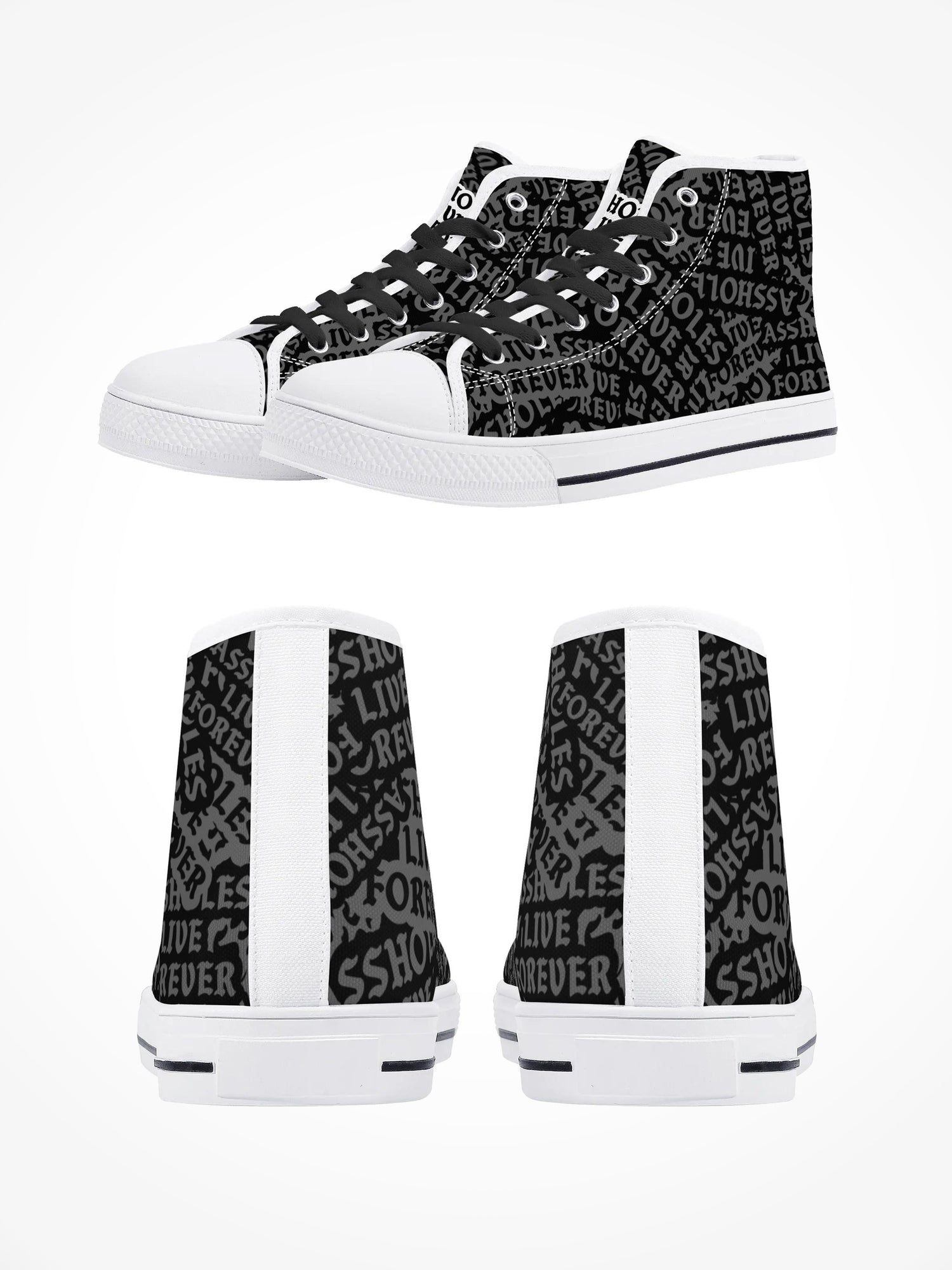 Mens High Top Canvas Shoes - Black On White Assholes Sticker Logos