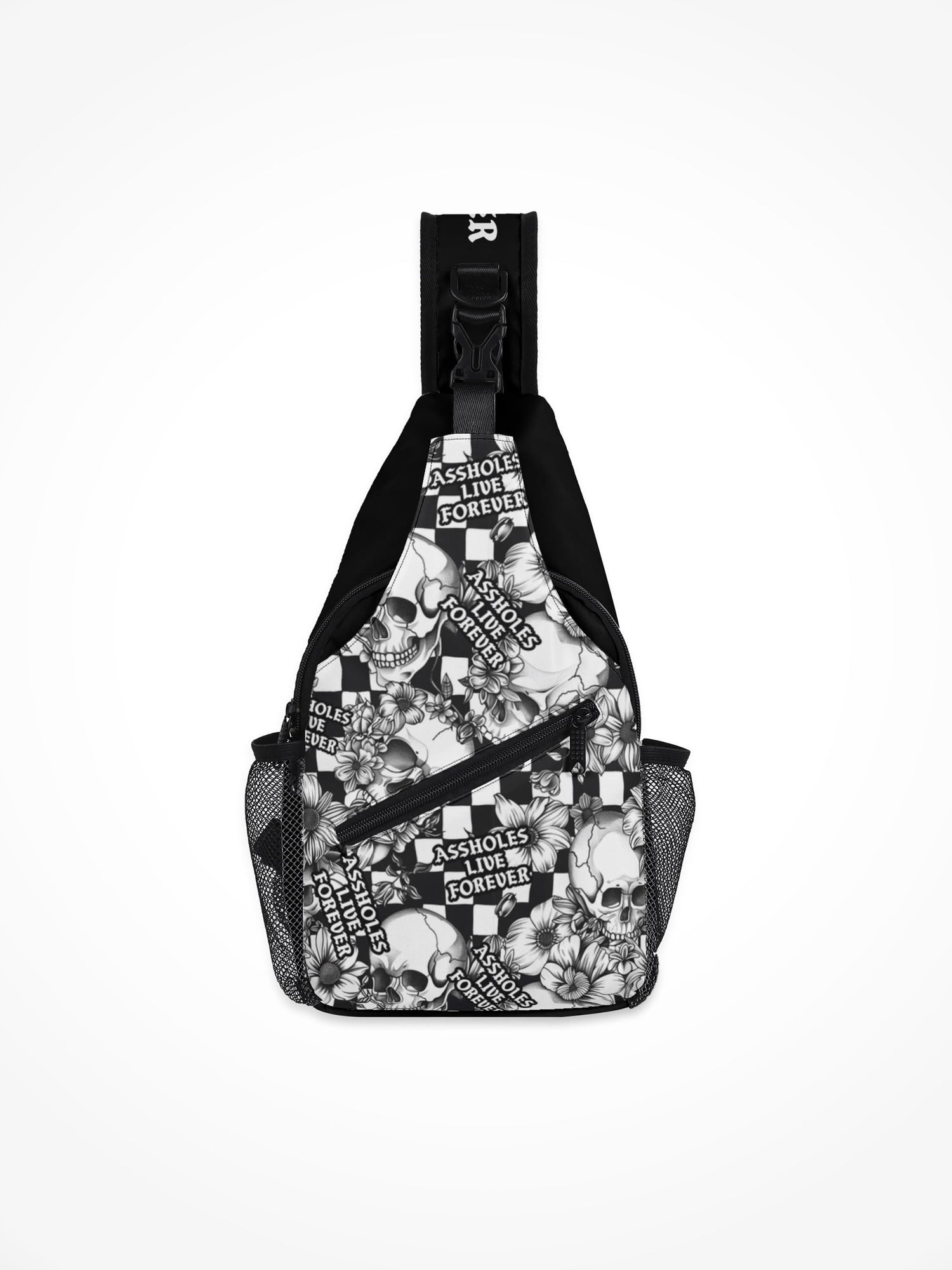 All-Over-Print Chest Crossbody Bag - ALF Checkered Skull
