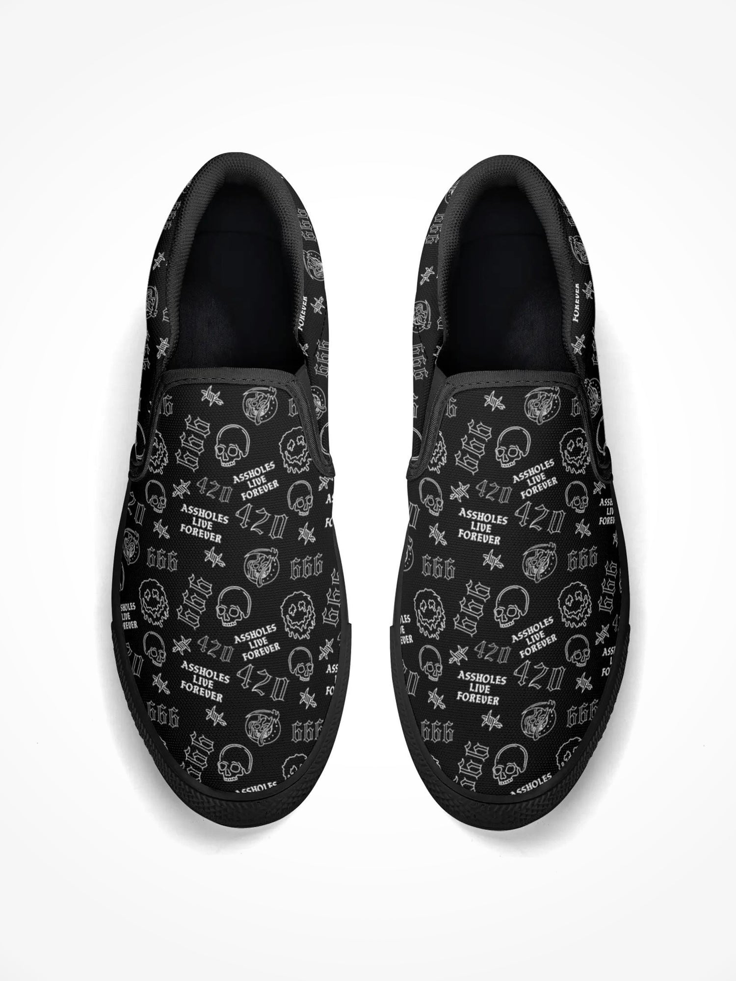 Mens Rubber Slip On Shoes - ALF 666 Skull Pattern Black Sole