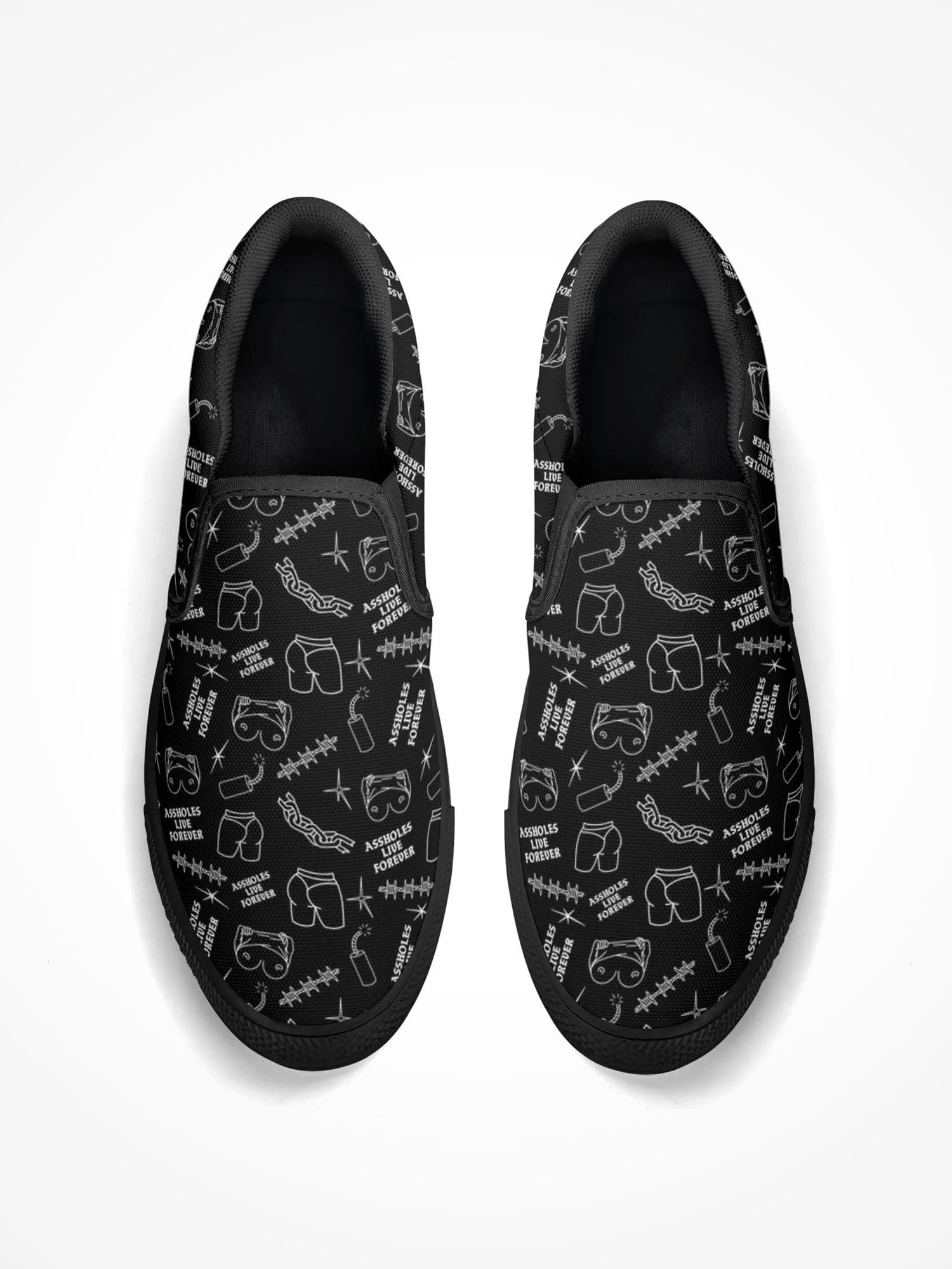 Mens Rubber Slip On Shoes - ALF Boobs And Butts Pattern Black Sole