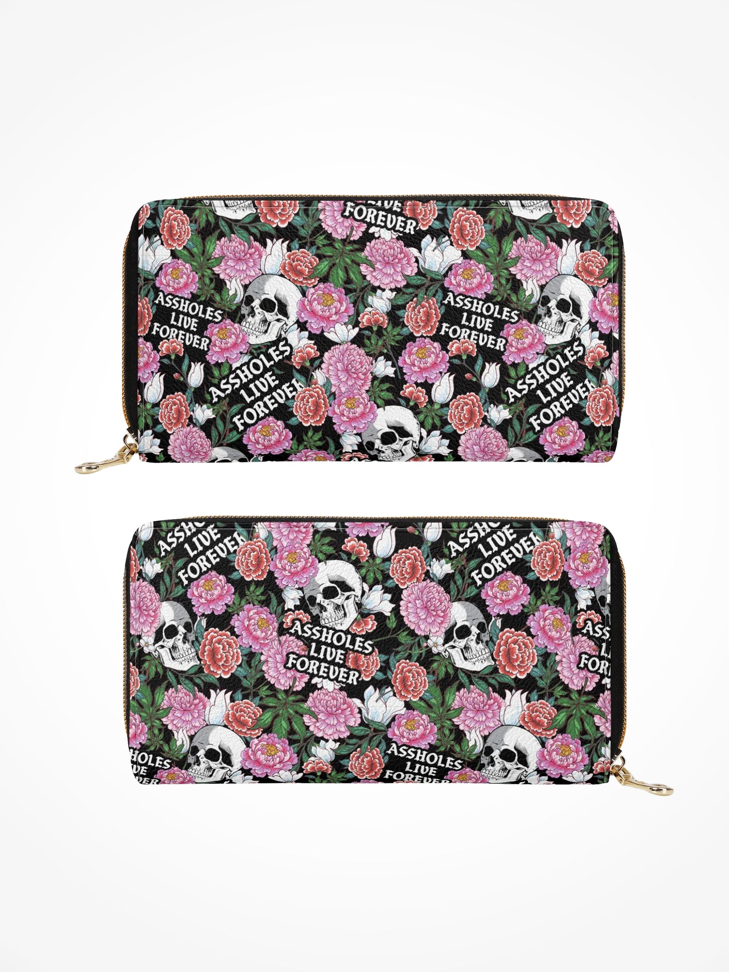 Leather Zipper Wallet - SKULL FLOWERS