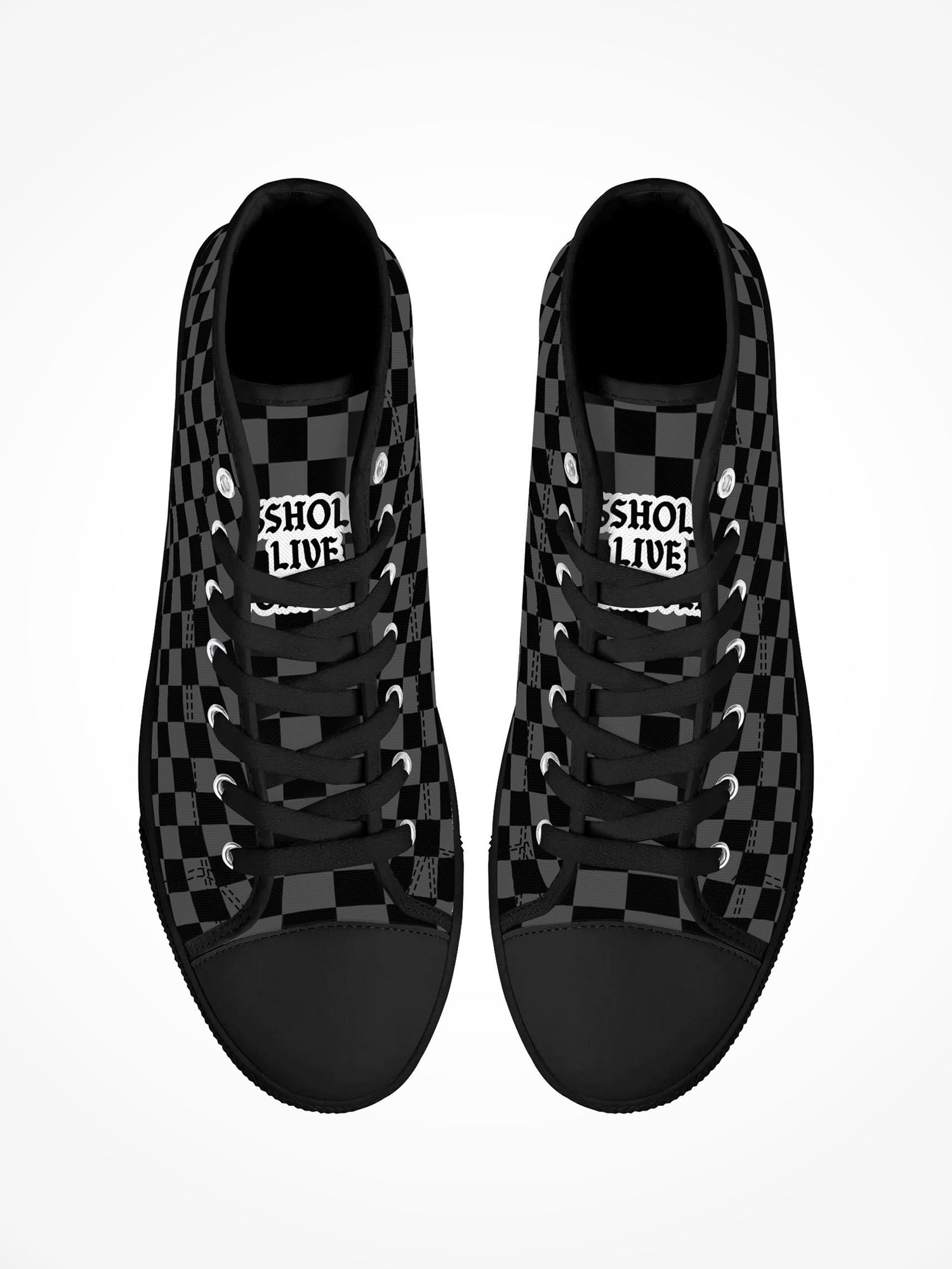 Mens High Top Canvas Shoes - Black On Black Checkerboard