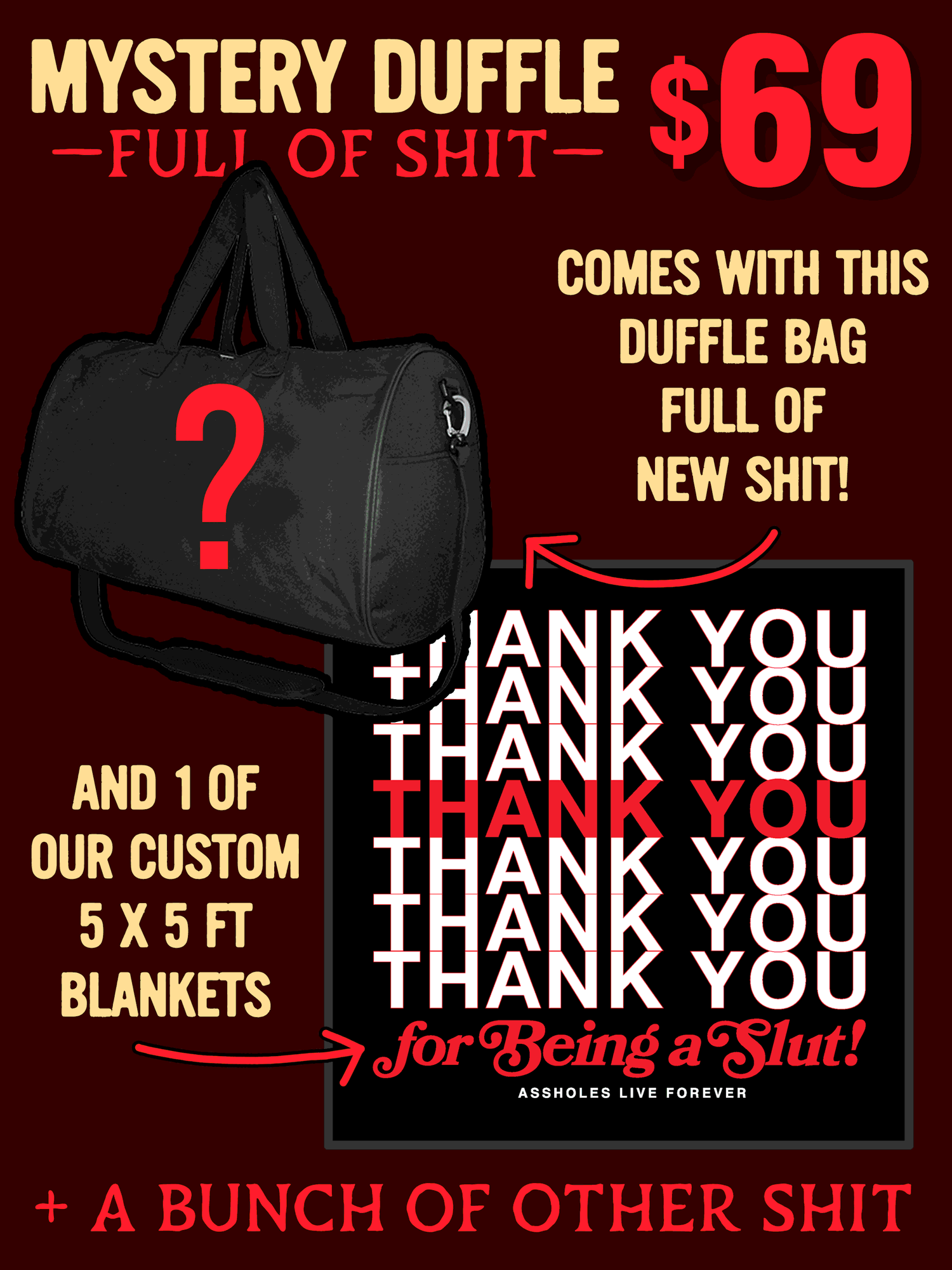 Duffle Bag Full of Shit - $350 in Merch w Blanket